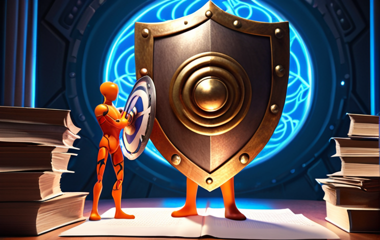 **Prompt 1: Intellectual Property Protection for Animation**
A vibrant animation character standing confidently behind a glowing shield made of intertwining legal documents and copyright symbols. In the background, abstract, swirling creative ideas are present, but the character remains secure and protected by the shield, emphasizing ownership and legal safety. Focus on intricate details of the shield and the character's secure stance.